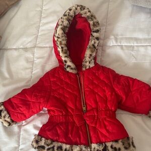 Red Quilted Kids Jacket with Leopard Trim
